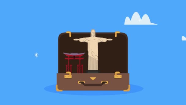 Time travel animation with monuments in suitcase — Stock Video