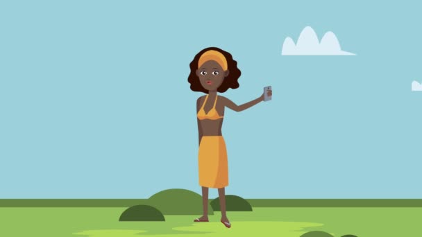 Afro turista feminino com animação personagem — Vídeo de Stock