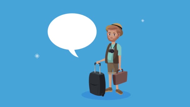 Male tourist character with suitcase and speech bubble — Stock Video