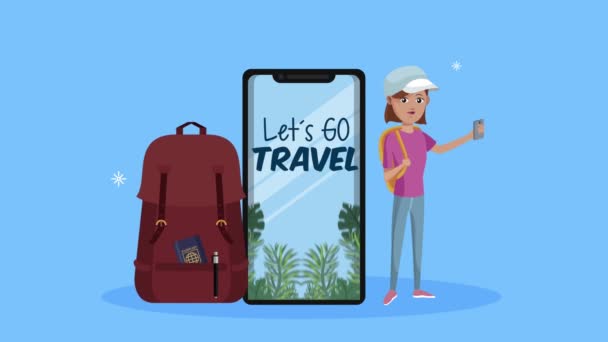 Vamos viajar lettering em smartphone com turista feminino — Vídeo de Stock