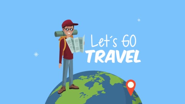 Vamos viajar lettering com turista no planeta terra — Vídeo de Stock
