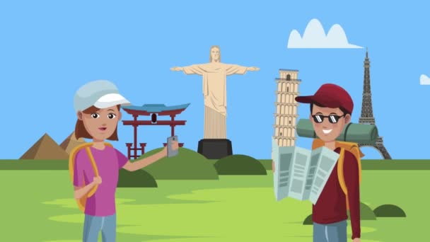 Couple tourists with landmarks animation — Stock Video