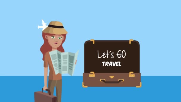 Lascia andare lettering viaggio in valigia e turista donna — Video Stock