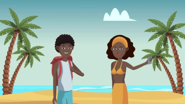 Afro ζευγάρι τουριστών στην παραλία χαρακτήρες — Αρχείο Βίντεο
