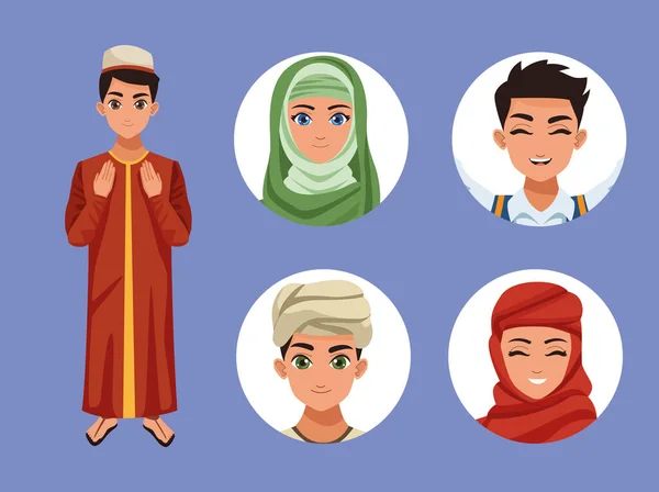 Cinque personaggi musulmani — Vettoriale Stock