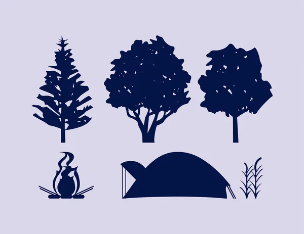 Six camping silhouettes — Stock Vector