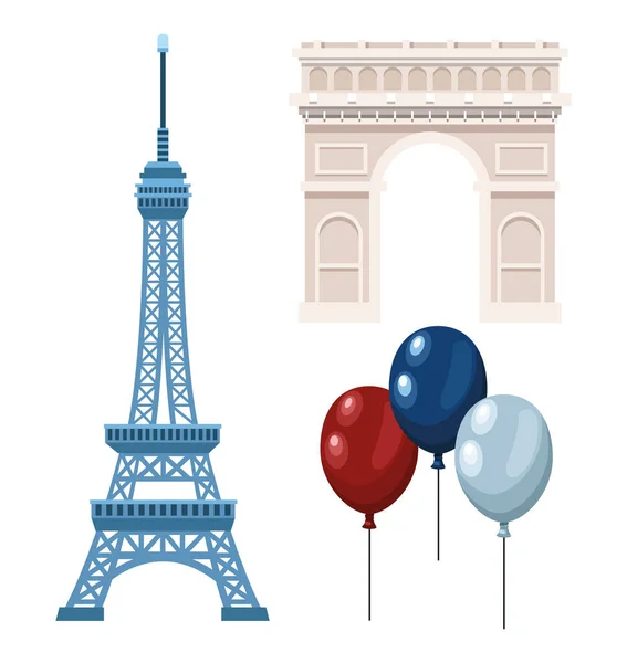 Tres iconos de la celebración de Francia — Vector de stock
