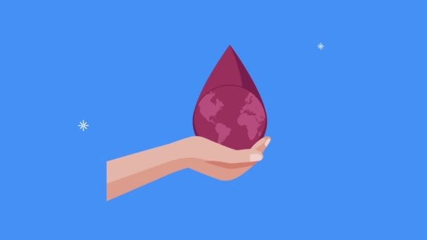 Světová kampaň dárců krve s kapkou zvedání rukou — Stock video
