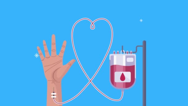 Campaña mundial de donación de sangre con la mano y la bolsa colgando — Vídeo de stock