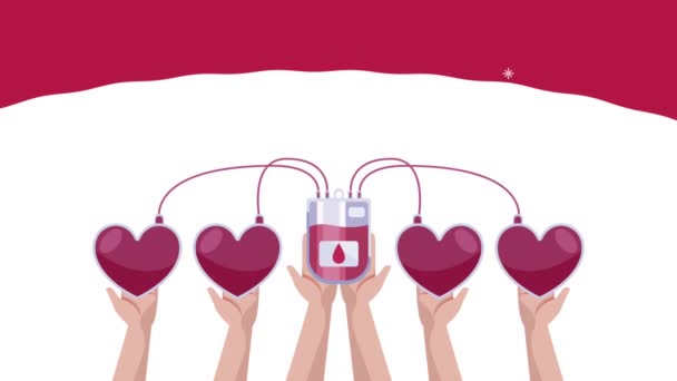 Всемирная кампания в День донора крови с руками, поднимающими сердца и сумки — стоковое видео