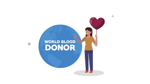 World blood donor day lettering with woman and heart in earth planet — Stock Video