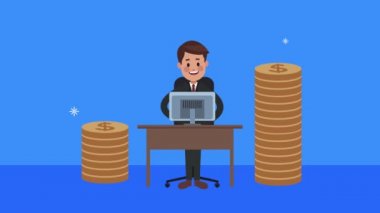 Masaüstü ve para yığını kullanan işadamı