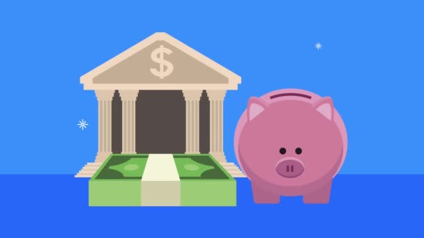 Bank building and bills dollars with piggy savings — Stock Video