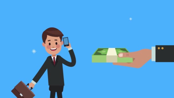 Бизнесмен с смартфоном и ручной оплатой долларов — стоковое видео