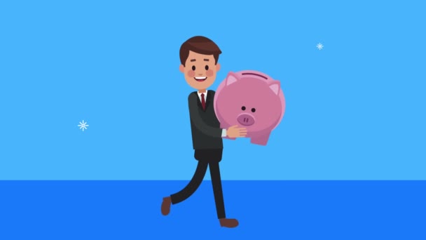 Biznesmen pracownik spacery z ratowania świnki — Wideo stockowe