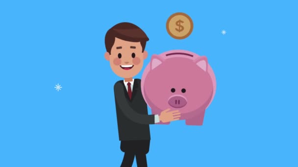 Businessman worker walking with piggy saving and coins — Stock Video