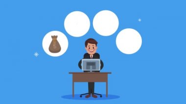 Masaüstü ve para simgelerinde çalışan zarif iş adamı