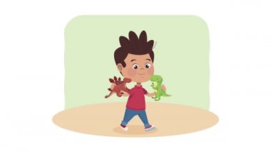 Küçük çocuk dinozorlarla oynuyor.