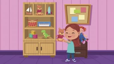 Küçük kız oyuncak ayı ve oyuncaklarla oynuyor.