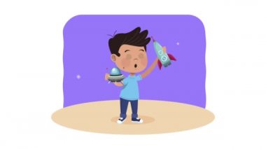 Küçük çocuk roket ve UFO animasyonuyla oynuyor