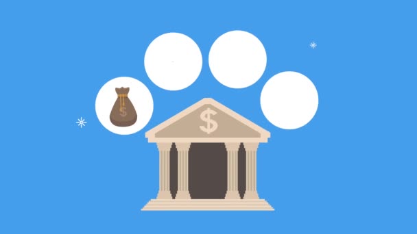 Edifício bancário com ícones de dinheiro — Vídeo de Stock