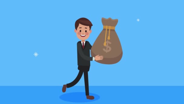 Homem de negócios elegante andando com saco de dinheiro — Vídeo de Stock