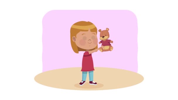 Little girl playing with bear teddy animation — Stock Video