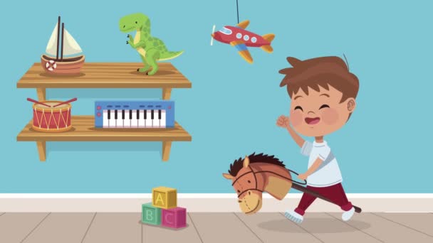 Niño jugando con la animación de caballos — Vídeo de stock