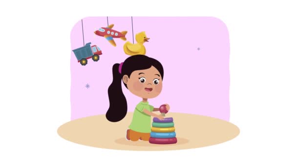 Little girl playing with rings pyramid animation — Stock Video