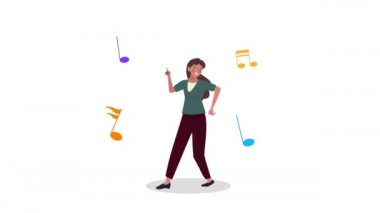 Müzik notalarıyla dans eden genç bir kadın.