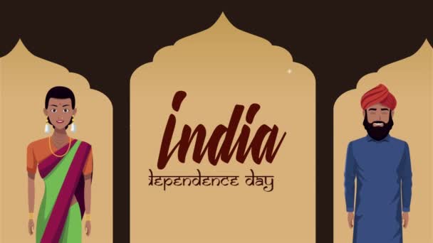 India ημέρα ανεξαρτησίας γράμματα με χαρακτήρες ζευγάρι — Αρχείο Βίντεο