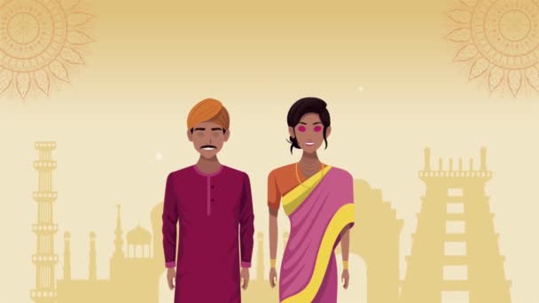 Cultura indiana casal personagens e templos — Vídeo de Stock