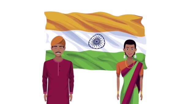 India γιορτή ημέρα ανεξαρτησίας με ζευγάρι και σημαία — Αρχείο Βίντεο