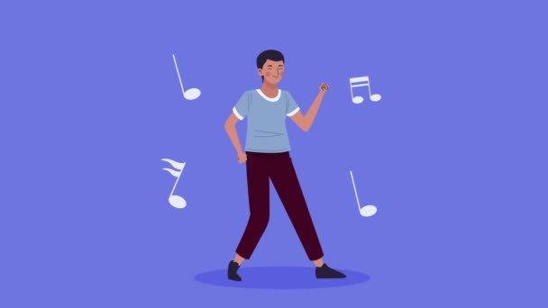 Jonge man dansen karakter met muziek notities — Stockvideo