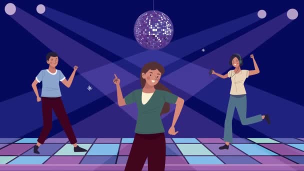 Молодые люди танцуют в диско персонажей — стоковое видео