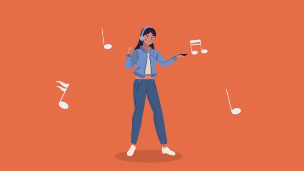 Mujer joven bailando con música notas animación — Vídeos de Stock