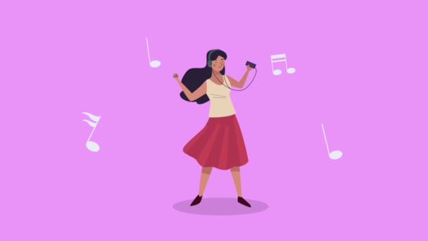 Mujer bailando con notas musicales animación de personajes — Vídeos de Stock