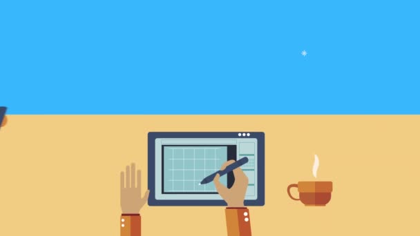 Animación de proceso creativo con el diseñador trabajando en la tableta — Vídeos de Stock