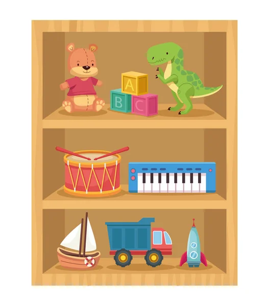 Brinquedos em estantes de madeira — Vetor de Stock