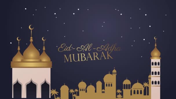 Eid aladha gouden belettering met moskee en stad — Stockvideo