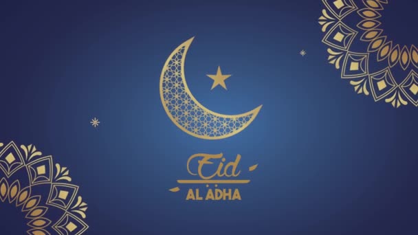 Eid aladha gyllene bokstäver med halvmåne och mandalas — Stockvideo