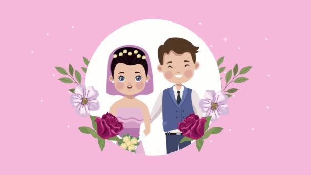 Mariage couple amoureux personnages avec cadre floral circulaire animation — Video