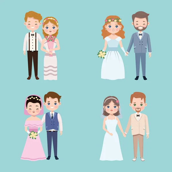Dört düğün çifti — Stok Vektör
