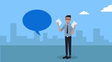 Belge animasyonu yapan zarif bir işadamı.