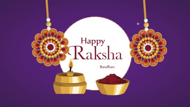 Happy raksha bandhan belettering met polsbandje kaars en poeder — Stockvideo