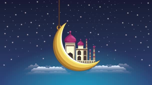 Eid mubarak celebration animation with golden moon and mosque — Stock Video