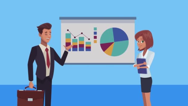 Elegant business couple coworkers with statistics graphic — Stock Video