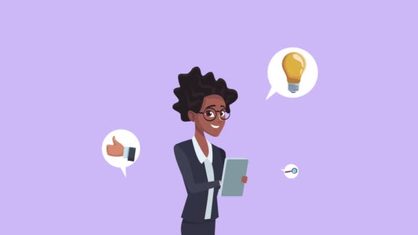 Afro empresaria trabajadora con iconos de coworking — Vídeo de stock