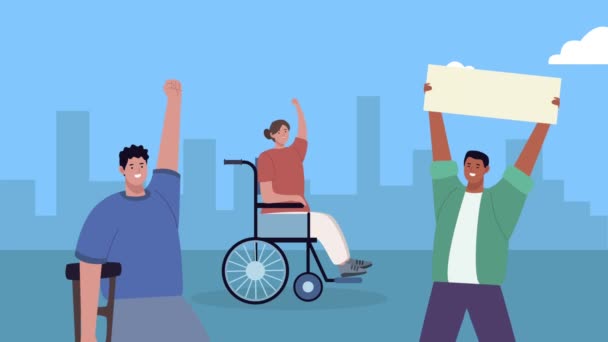 Personer med funktionshinder som protesterar mot staden — Stockvideo