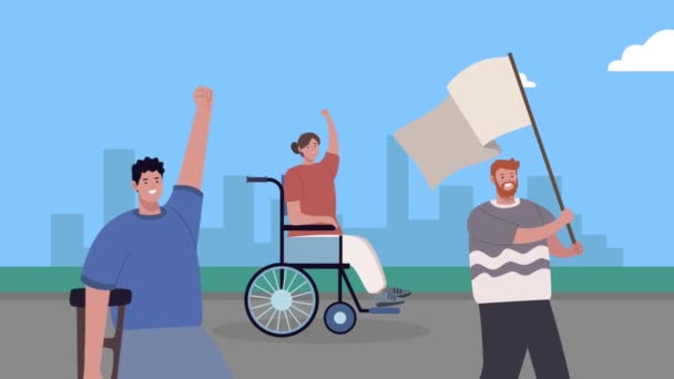 Personer med funktionshinder protesterar mot tecken på staden — Stockvideo